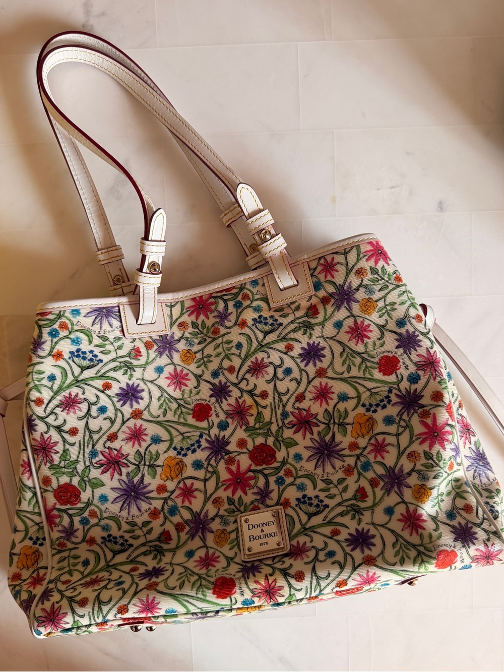 Dooney & Bourke White Floral Embroidered Tote with Multicolor Flowers